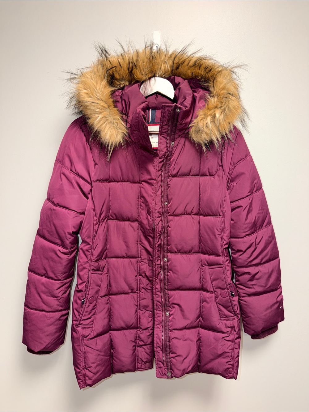 Women’s Tommy Hilfiger Insulated Plum Puffer Coat with Faux-Fur Hood